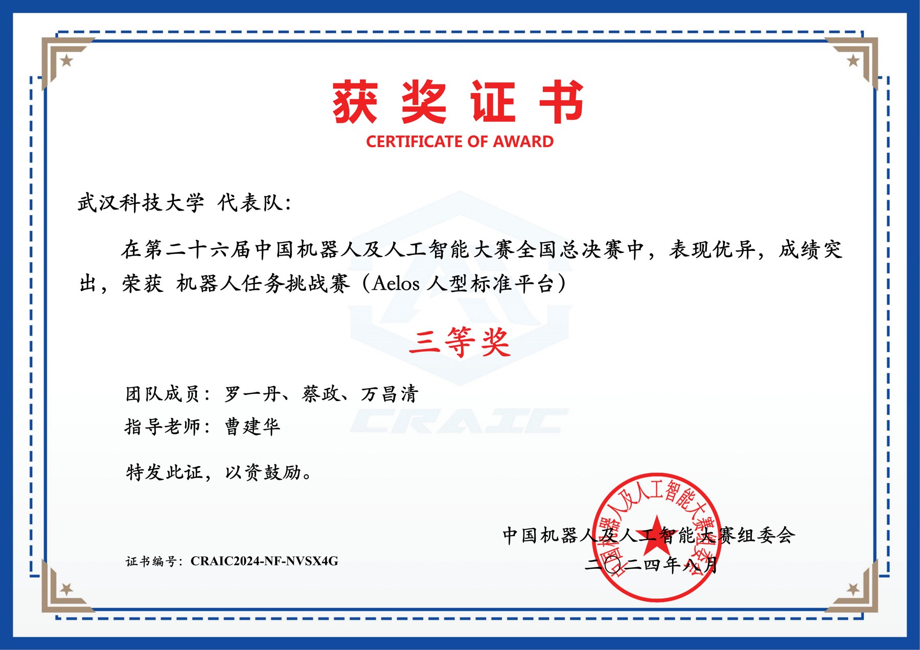 中国机器人与人工智能全国总决赛国家三等奖